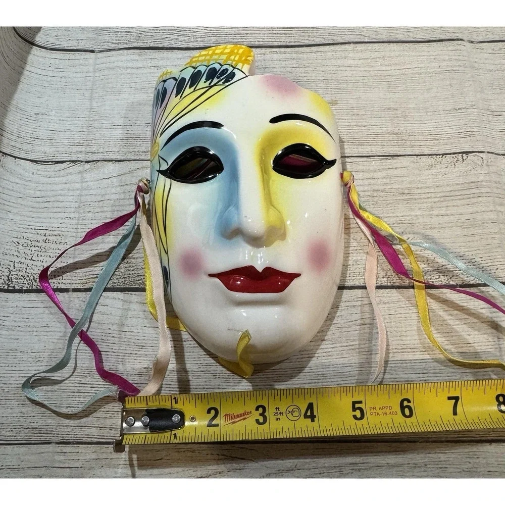 Vintage Hand Painted Ceramic Porcelain Wall Mask Butterfly Yellow Blue Pink Red